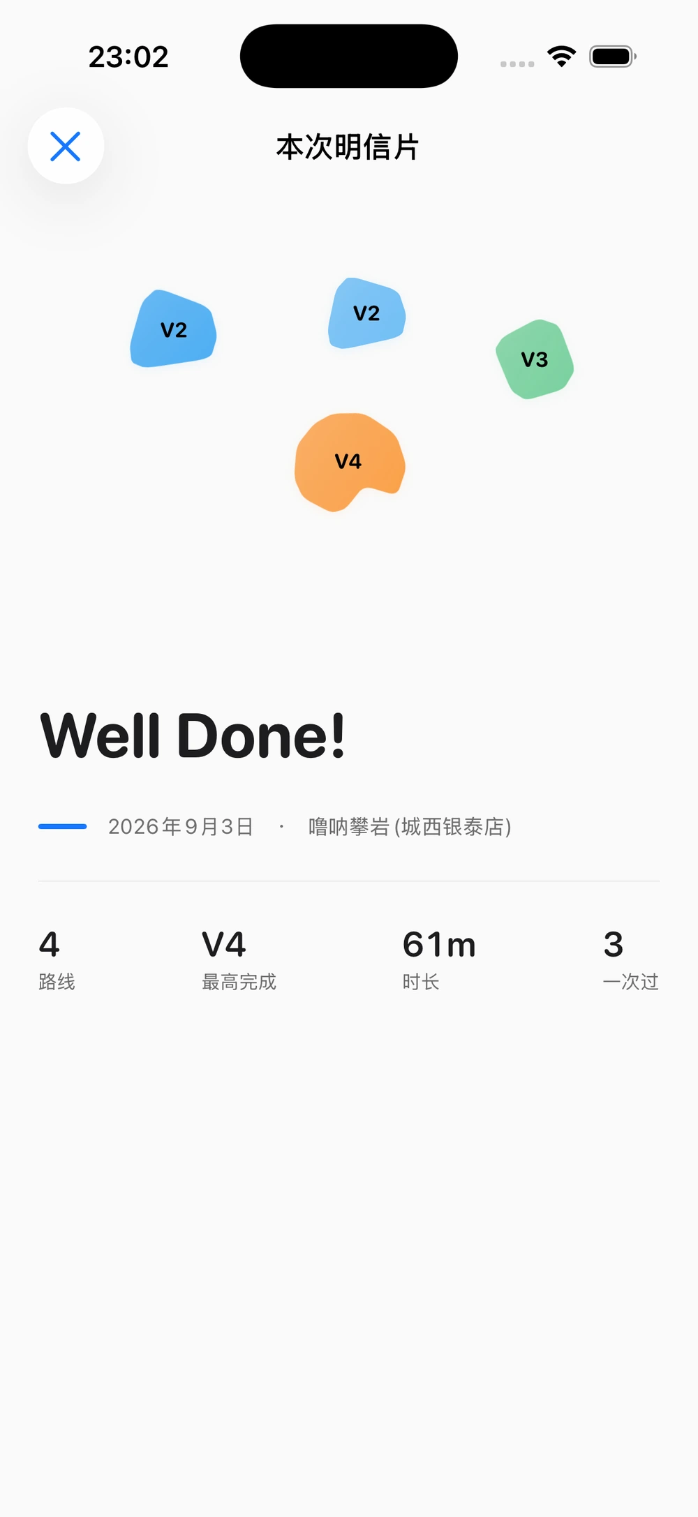 攀岩明信片以岩点呈现已完成路线的难度，保留日期、岩馆与时长